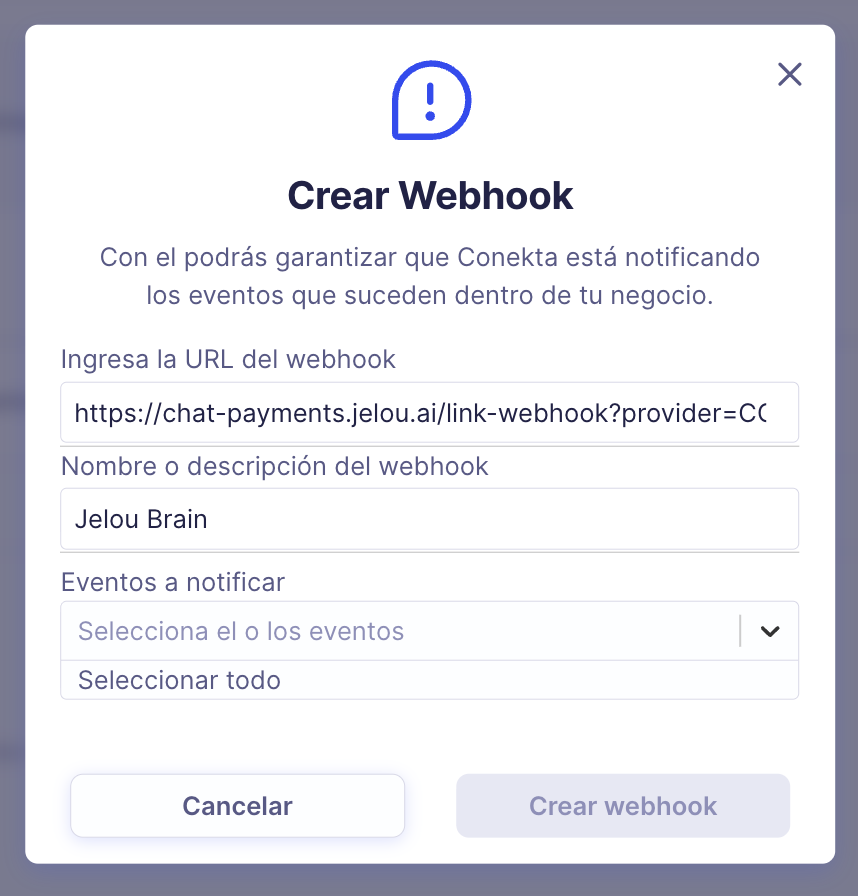 Modal de Conekta para crear webhook con URL, nombre y selector de eventos