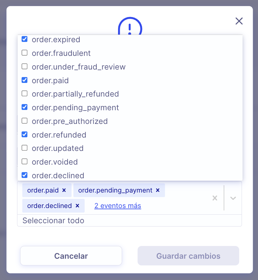 Selector de eventos del webhook de Conekta con order.expired, order.paid, order.pending_payment, order.refunded y order.declined seleccionados