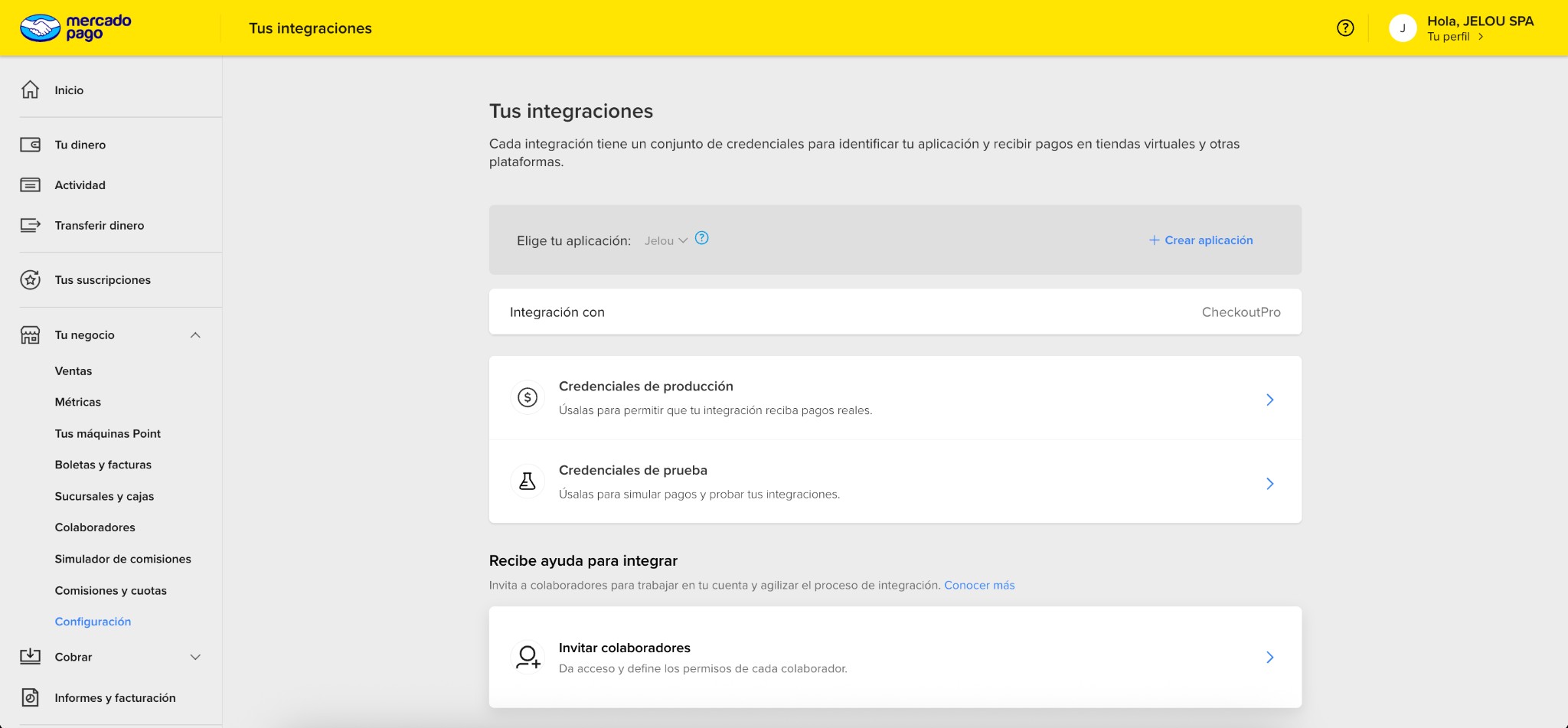 Dashboard Mercado Pago con Tus integraciones y acceso a Credenciales de prueba