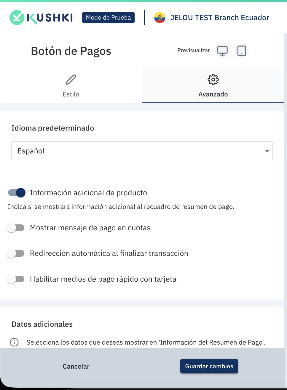 Payment Button Advanced tab with Additional product information enabled