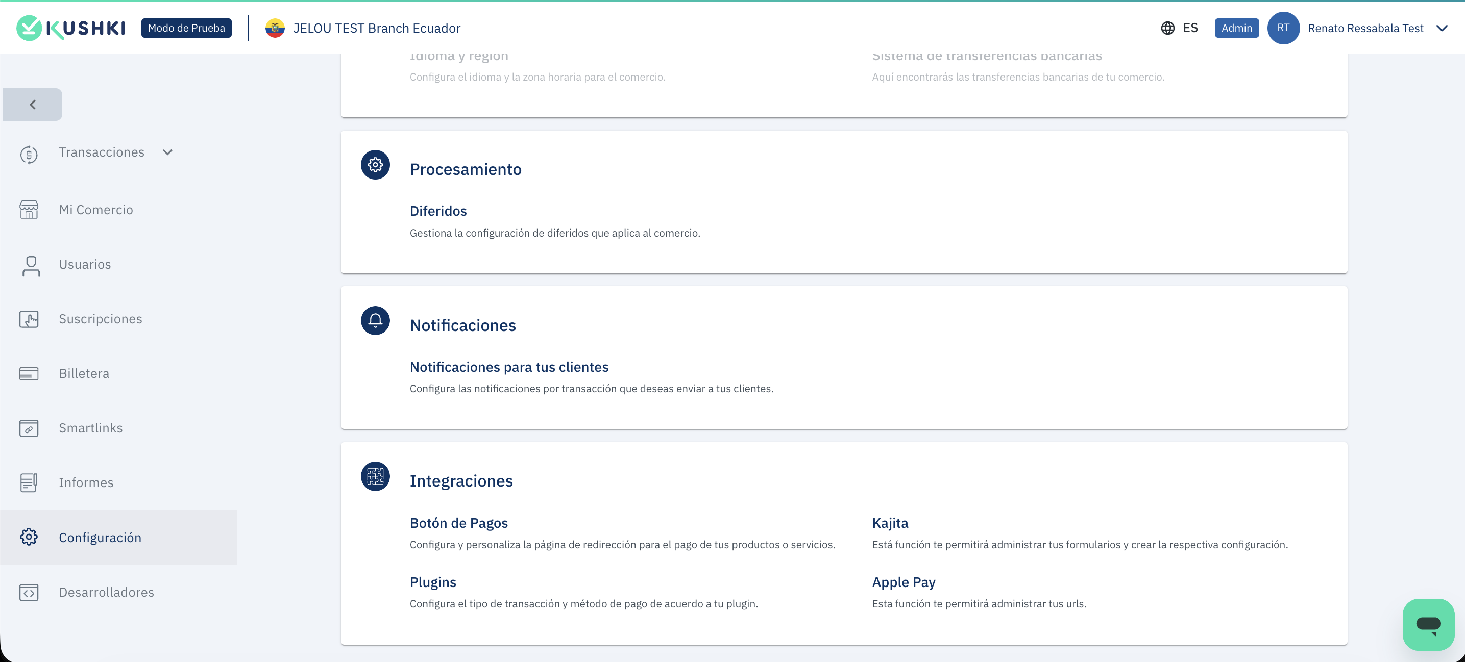 Kushki Settings screen with Payment Button option under Integrations