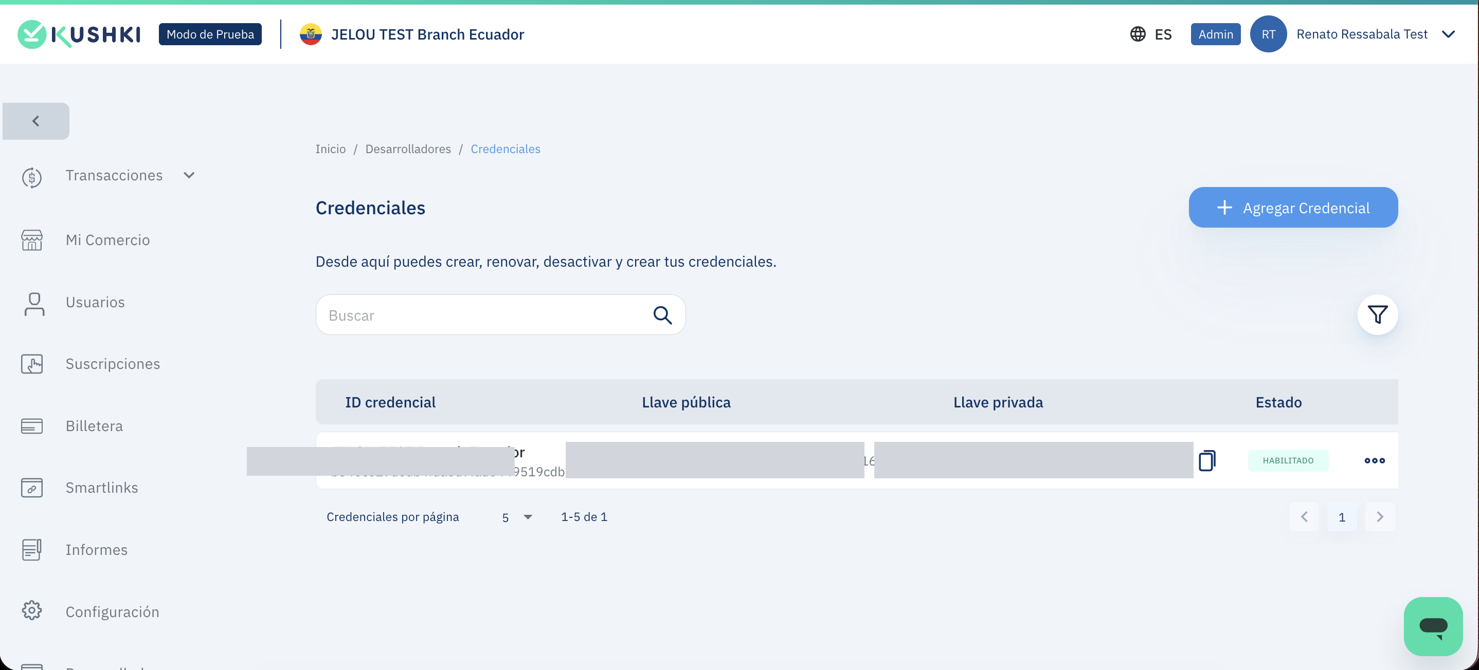Kushki Credentials screen with public key and private key