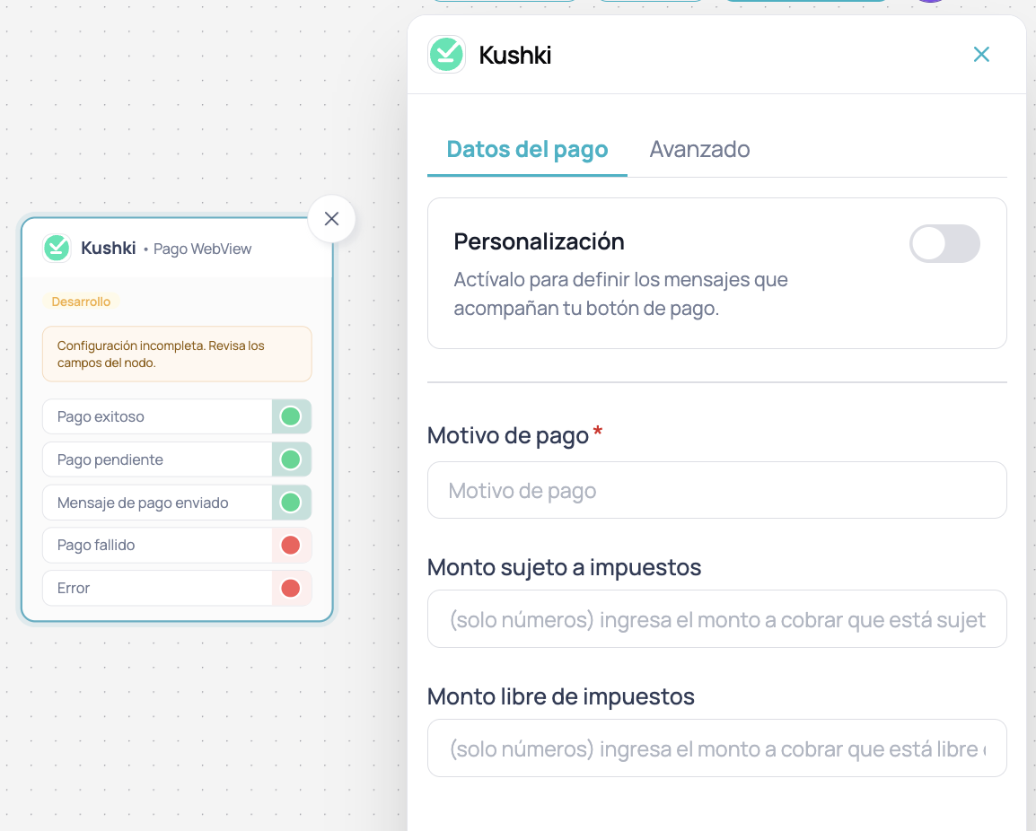 Kushki Payment WebView node with payment outputs and Payment data sidebar