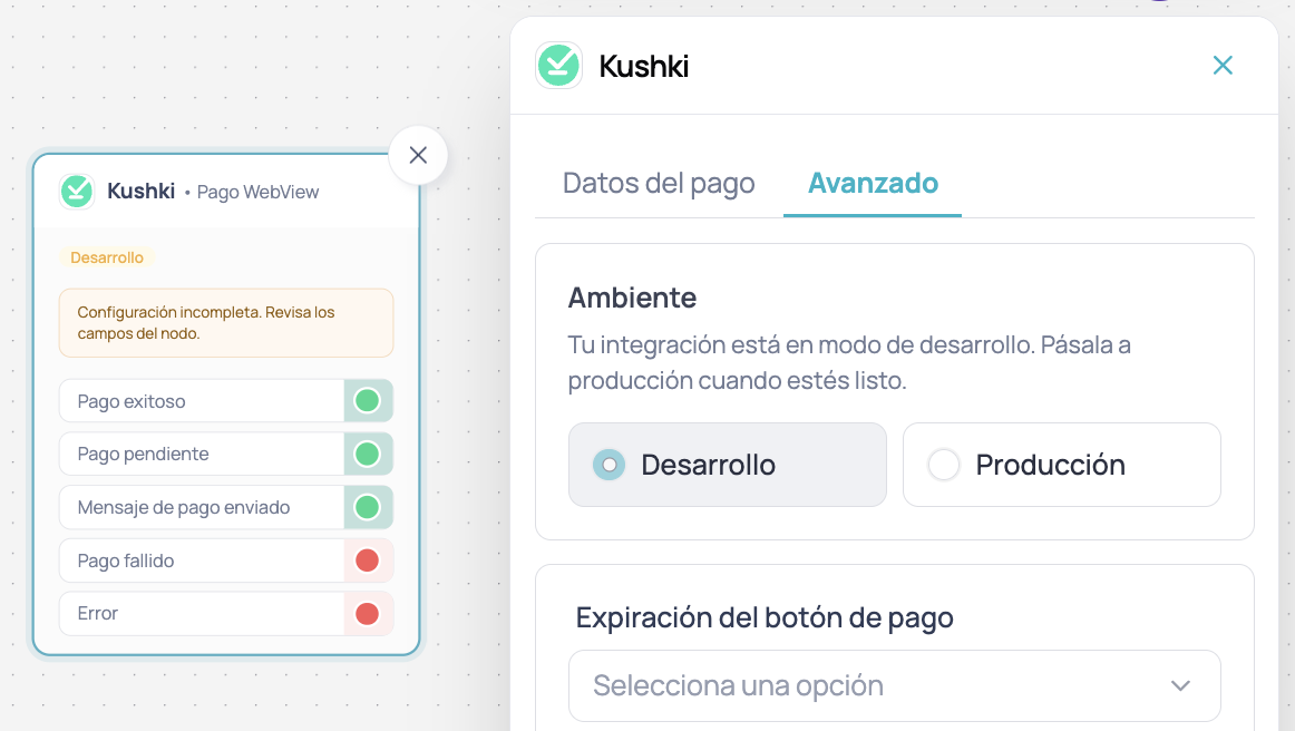 Panel lateral Avanzado del nodo Kushki en Canvas con opción para pasar la integración a producción
