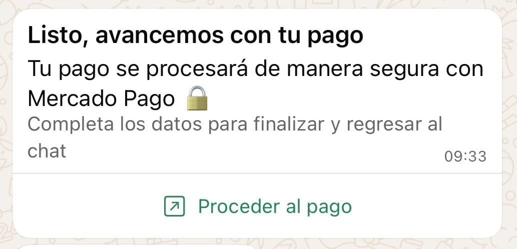 Ejemplo de mensaje con textos personalizados y botón de pago de Mercado Pago en WhatsApp