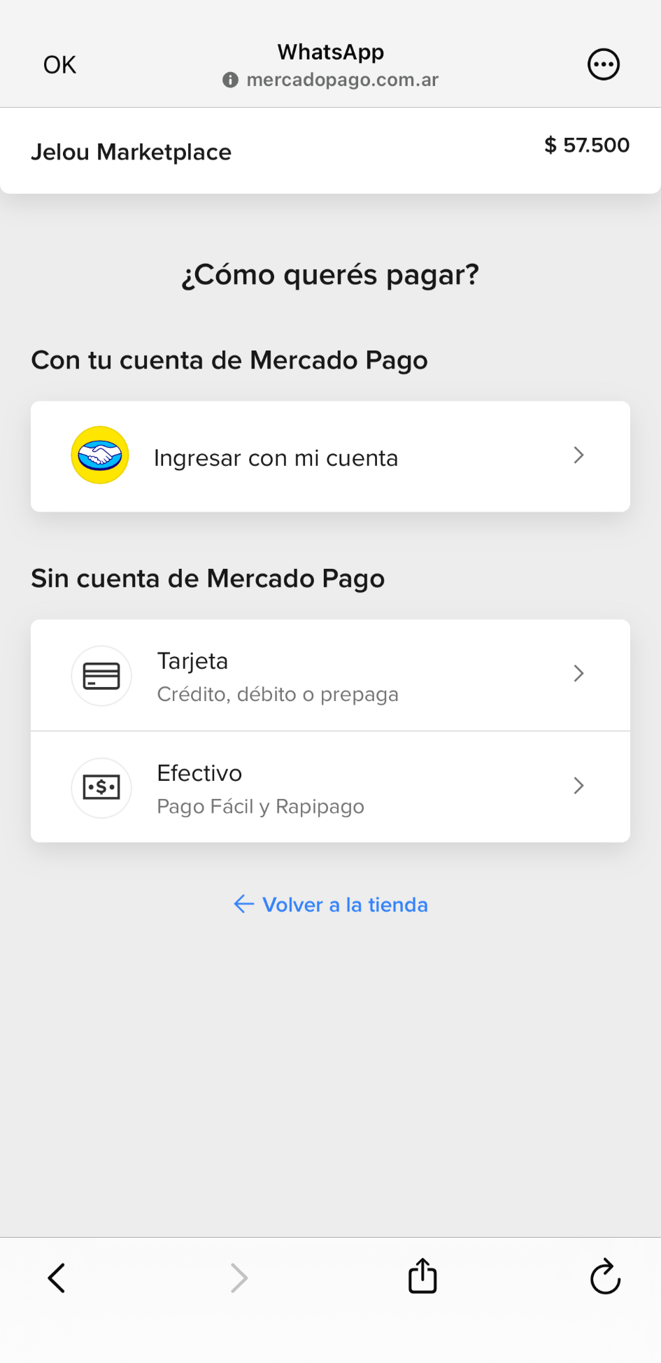 Experiencia de checkout de Mercado Pago en Argentina dentro de WebView de WhatsApp