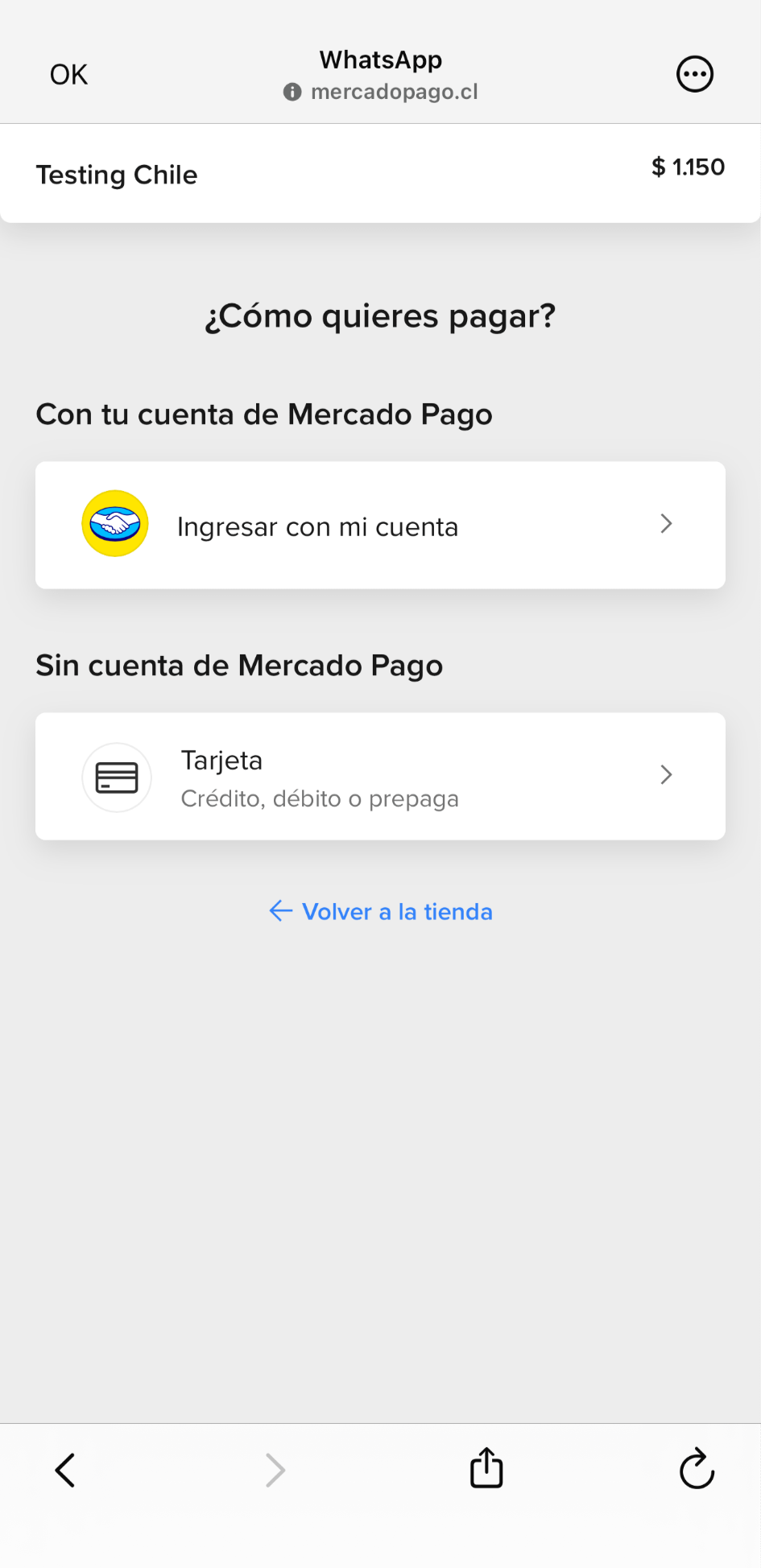 Experiencia de checkout de Mercado Pago en Chile dentro de WebView de WhatsApp