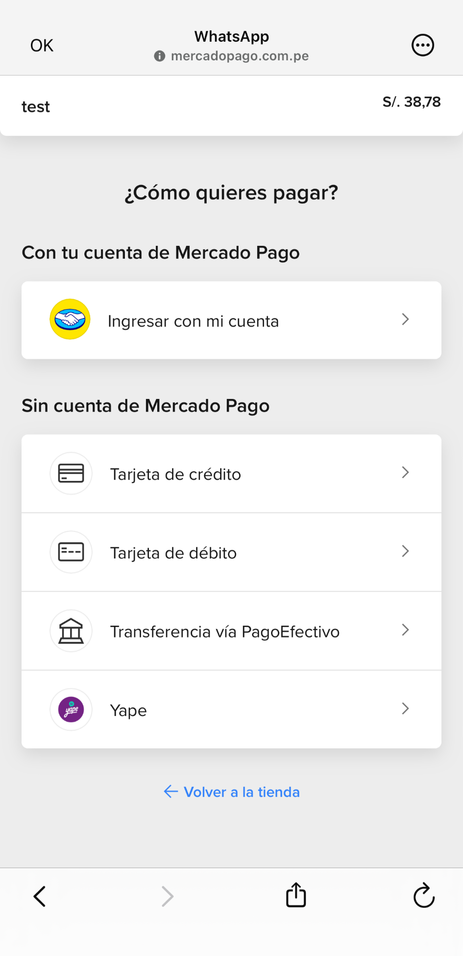 Experiencia de checkout de Mercado Pago en Perú dentro de WebView de WhatsApp