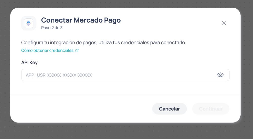 Modal Conectar Mercado Pago con campo API Key