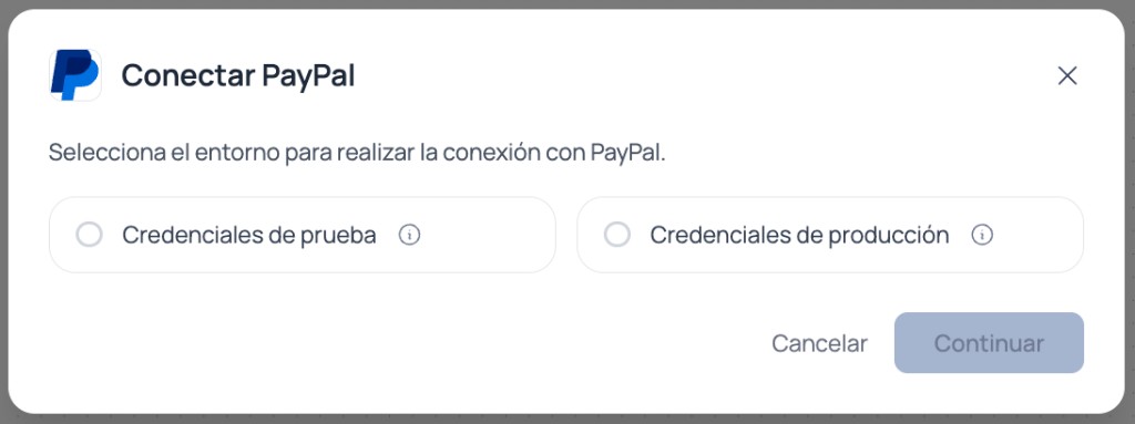 Modal do Brain Studio para escolher entre credenciais de teste ou credenciais de produção ao conectar o PayPal