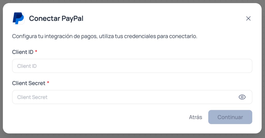 Modal do Brain Studio para inserir Client Id e Client Secret do PayPal