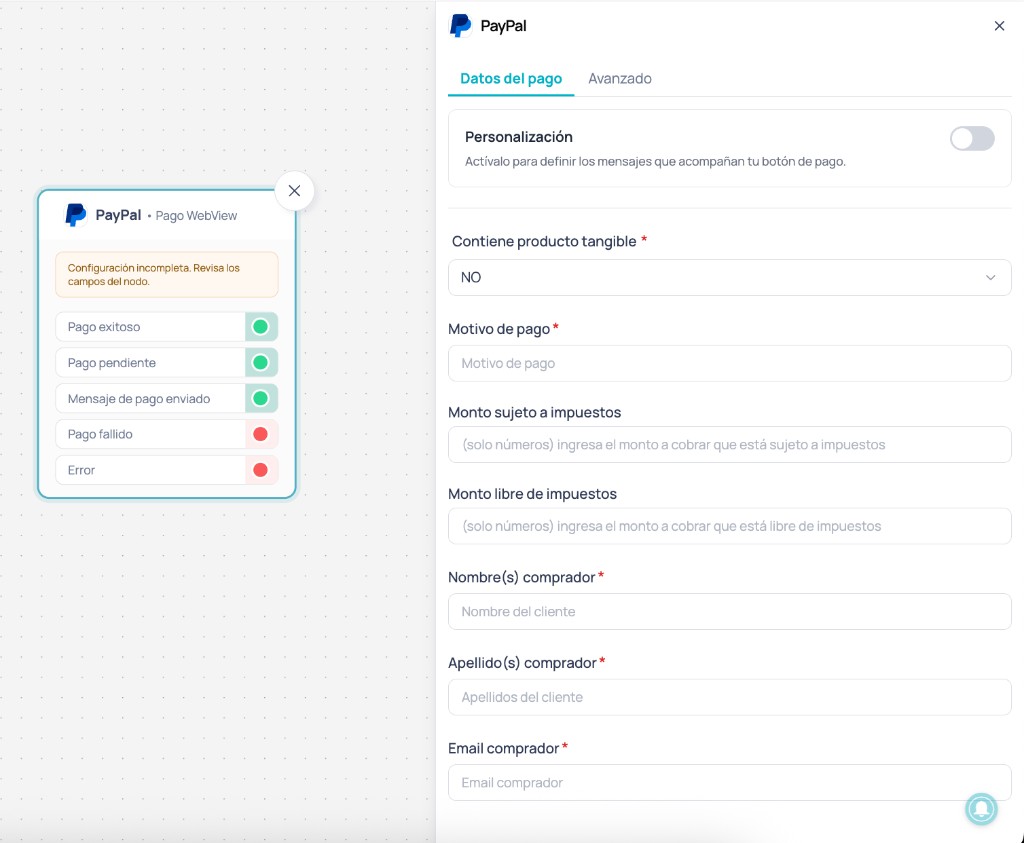 Nodo PayPal en Canvas con el panel lateral de configuración abierto