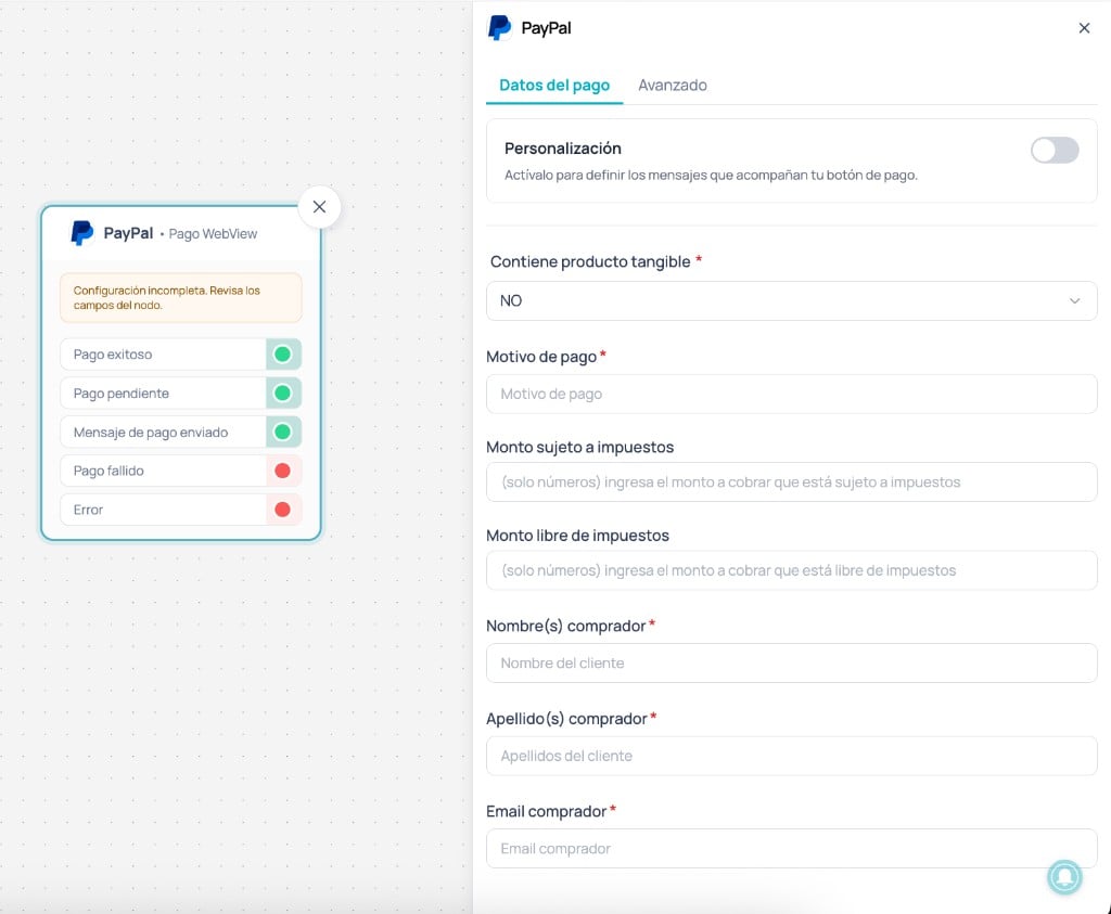 Nodo PayPal en Canvas con el panel lateral de configuración abierto