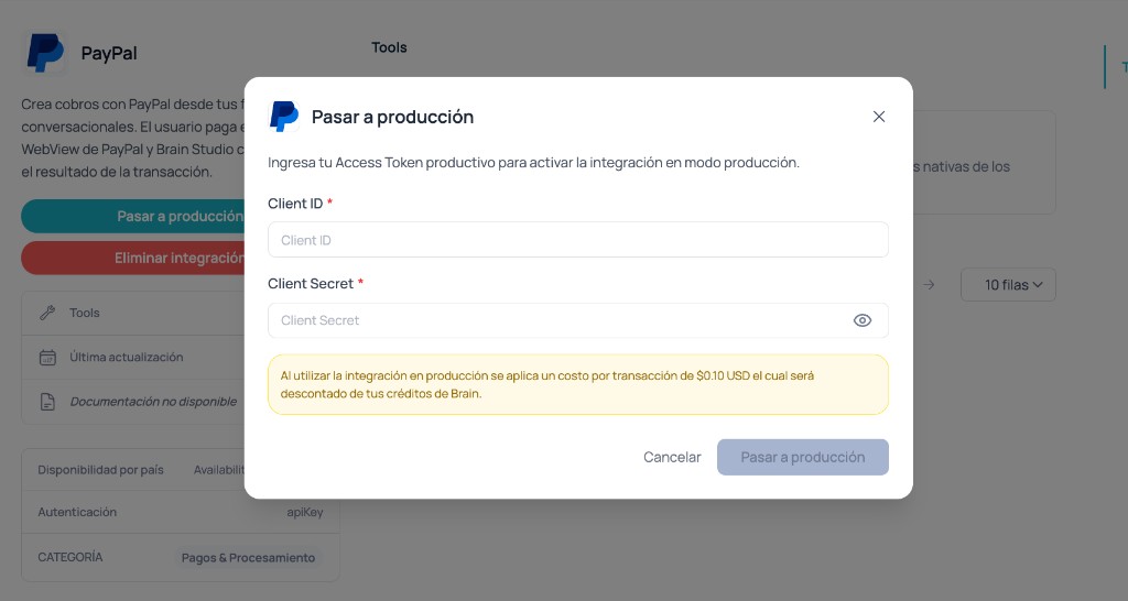 Modal do Brain Studio para inserir Client Id e Client Secret produtivos do PayPal