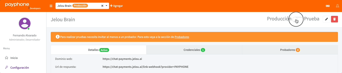 Animación en Payphone Developer: cambio entre Producción y Prueba