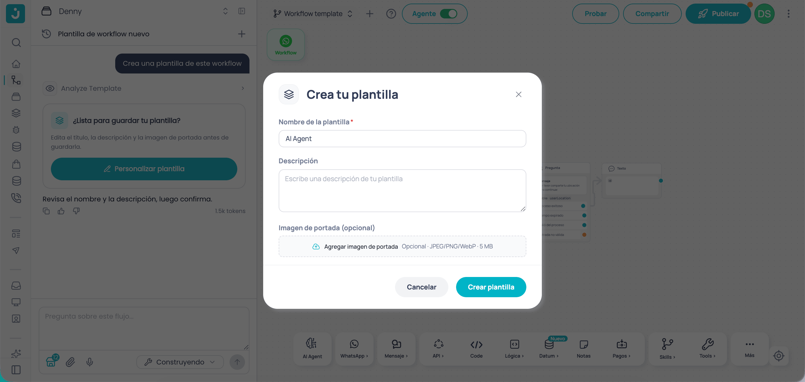 Modal del Jelou Agent para configurar nombre, descripción e imagen de portada de una plantilla