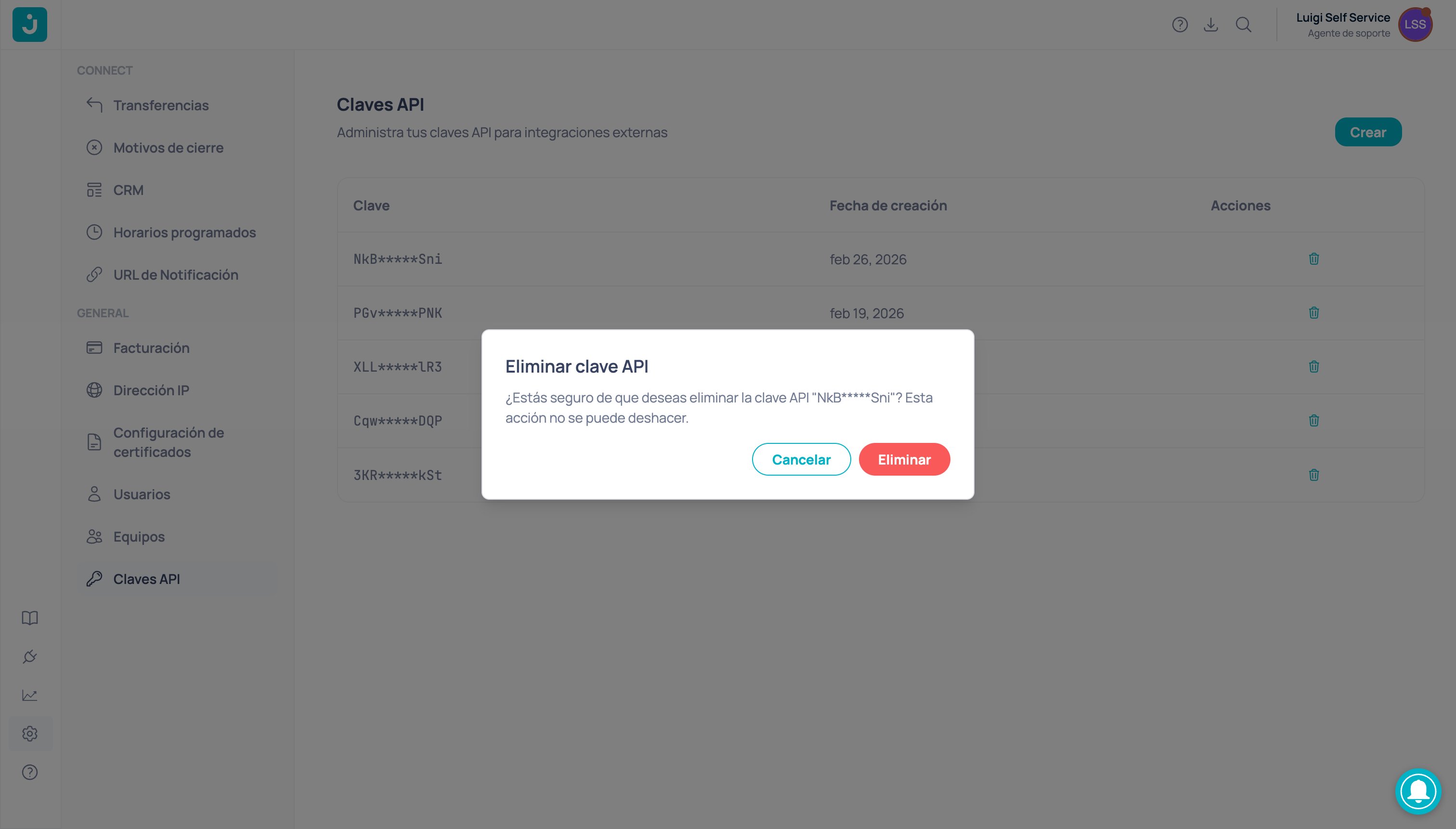 Confirmation dialog to delete an API key, warning that the action cannot be undone