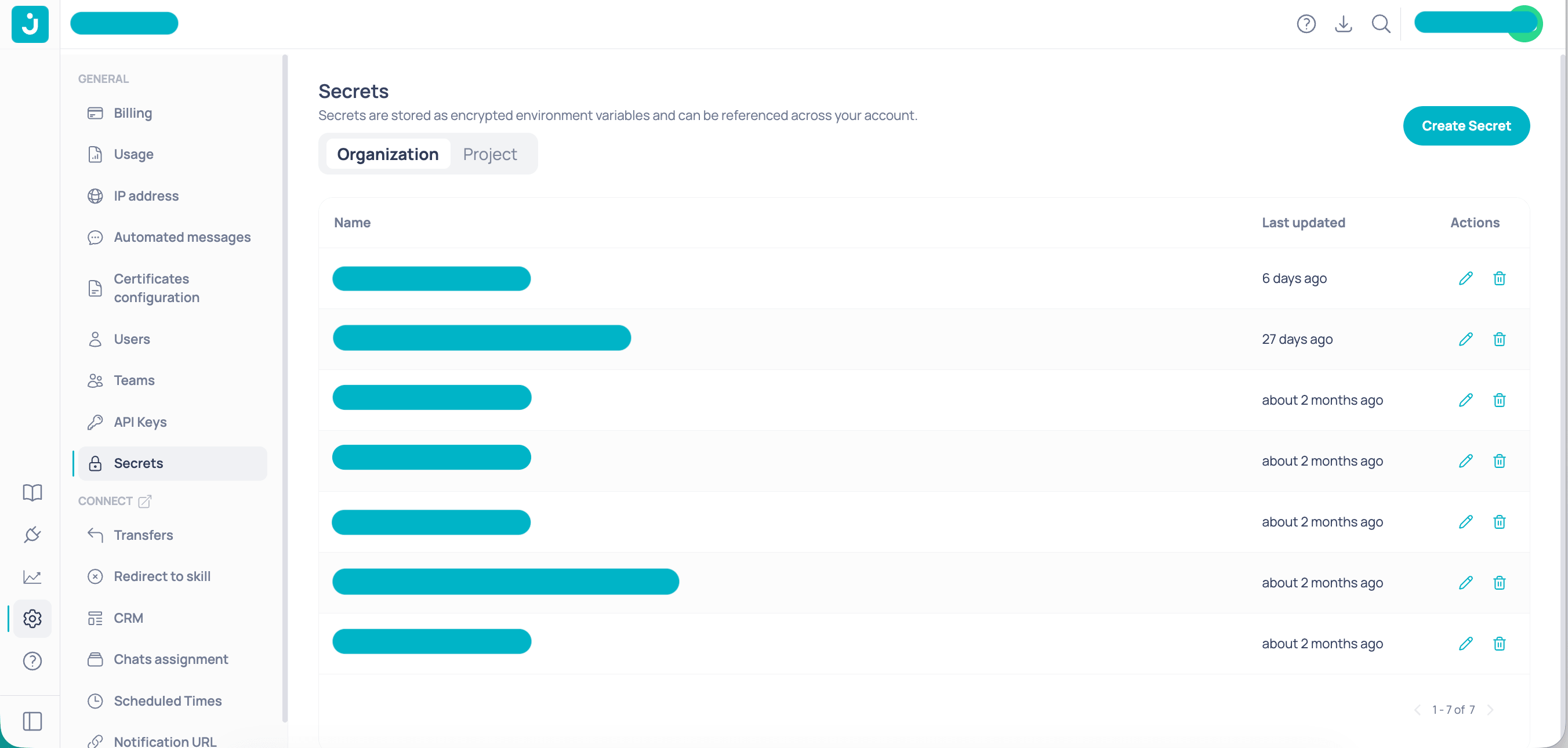 Secrets section in Settings with Organization and Project tabs