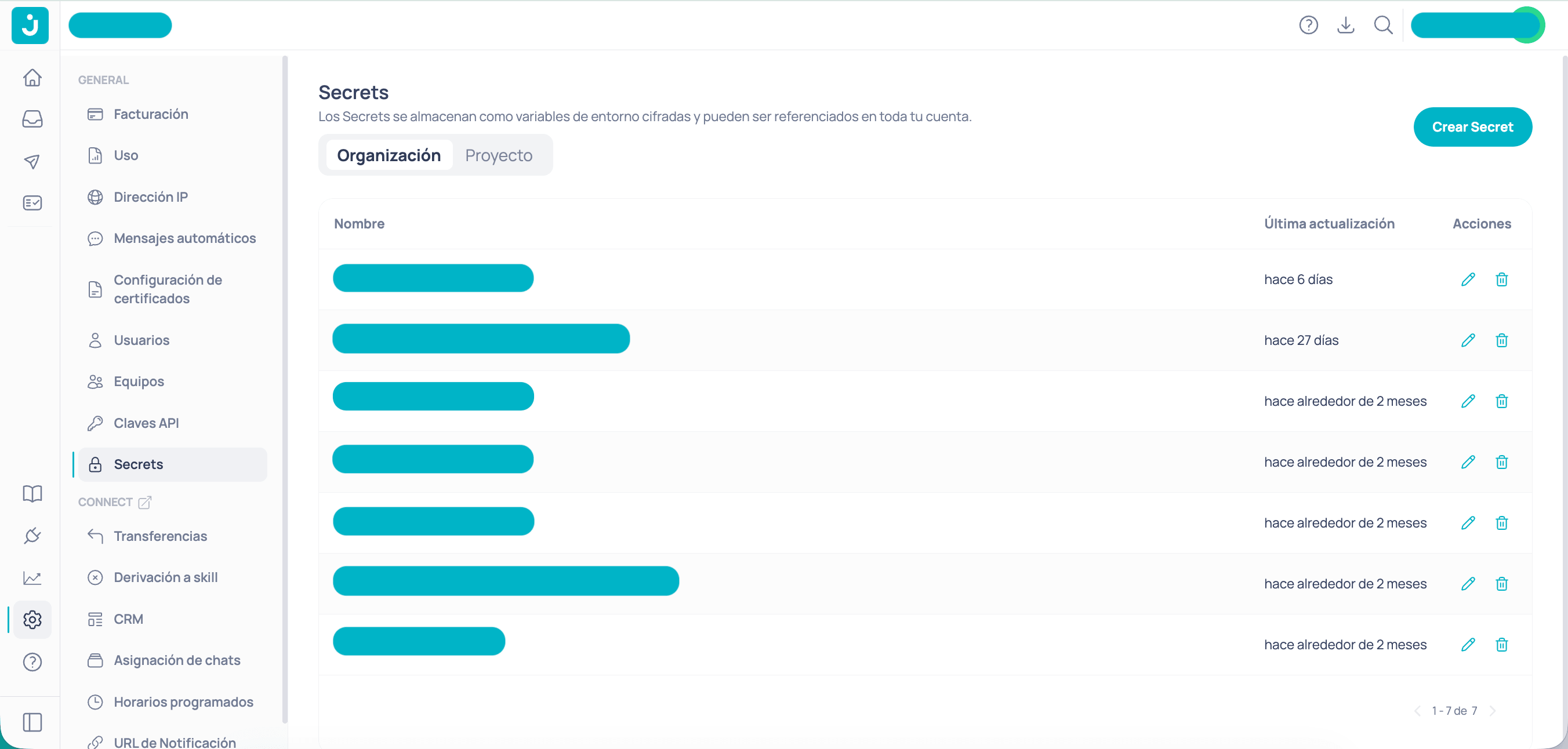 Sección Secrets en Configuración con pestañas de Organización y Proyecto