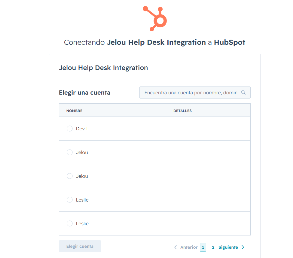 Seleccionar cuenta de HubSpot