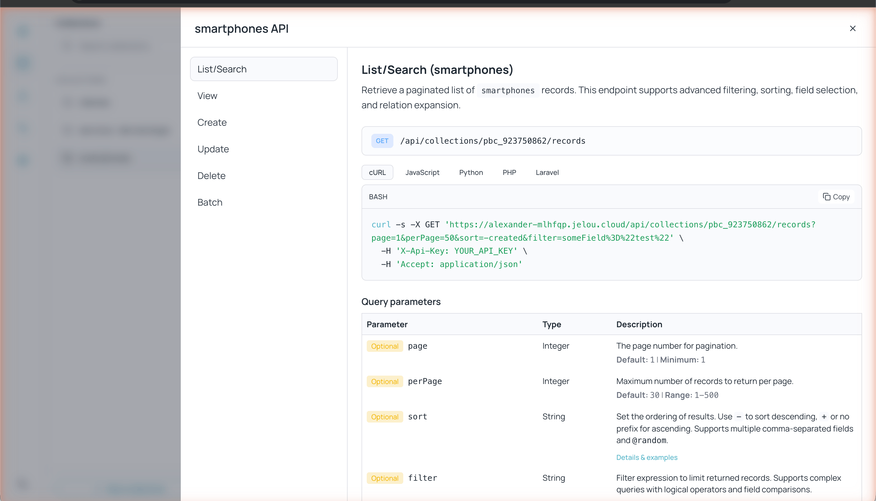 API Preview panel showing List/Search, View, Create, Update, Delete, and Batch endpoints with cURL examples