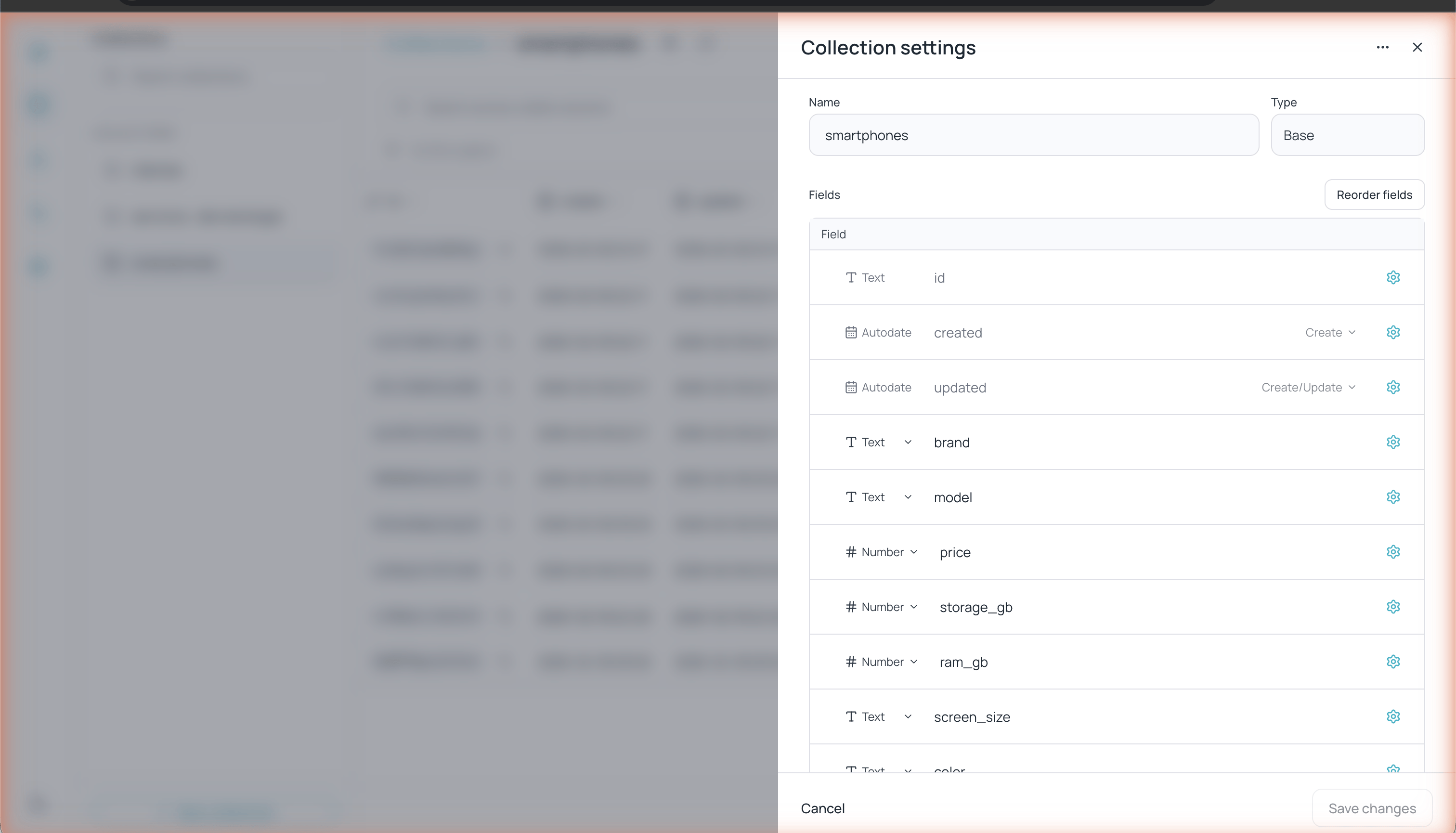 Collection settings panel showing name, type, field list with their types and configuration options