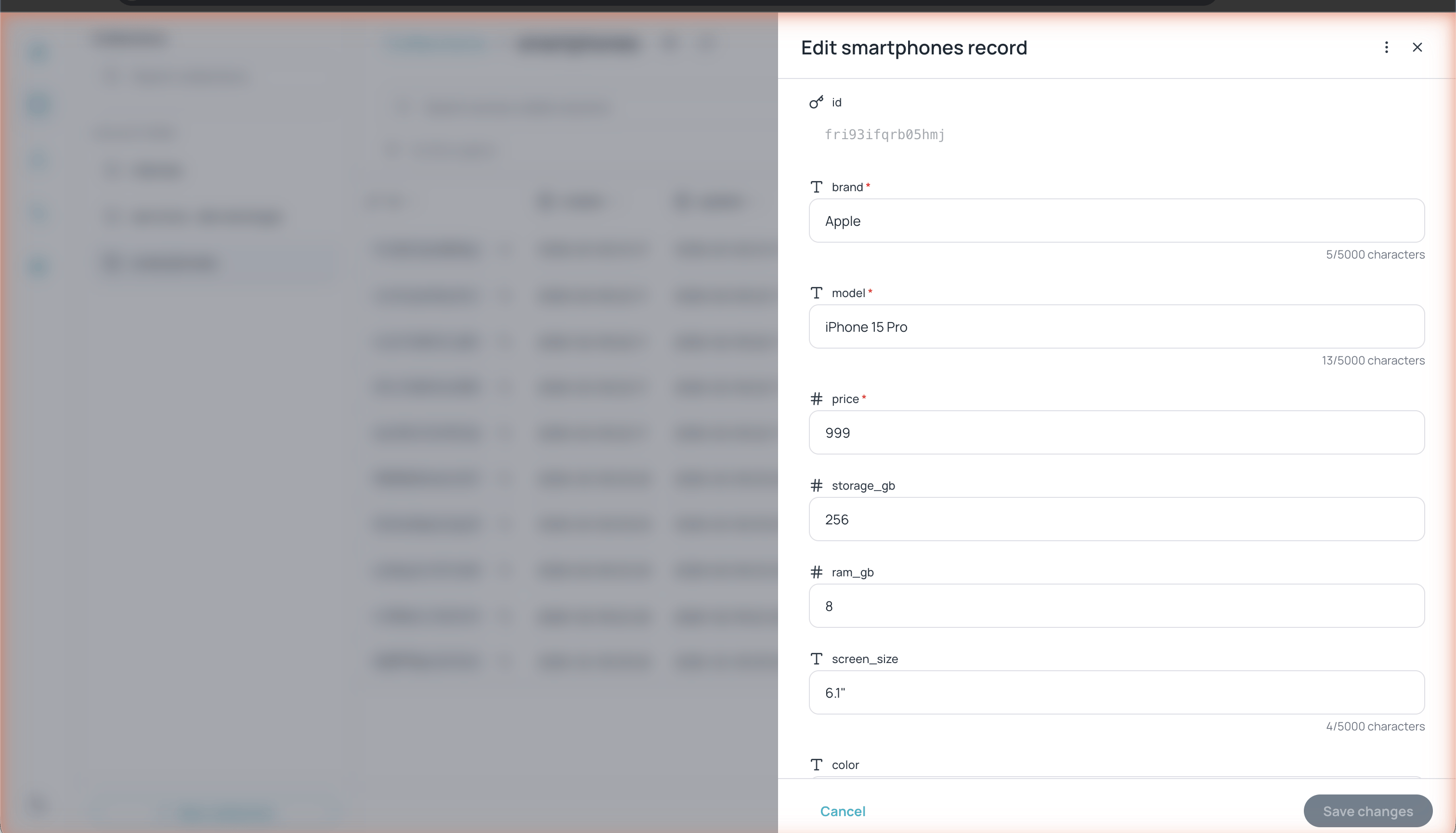 Edit record panel showing editable fields with values, character counters, and Save changes button