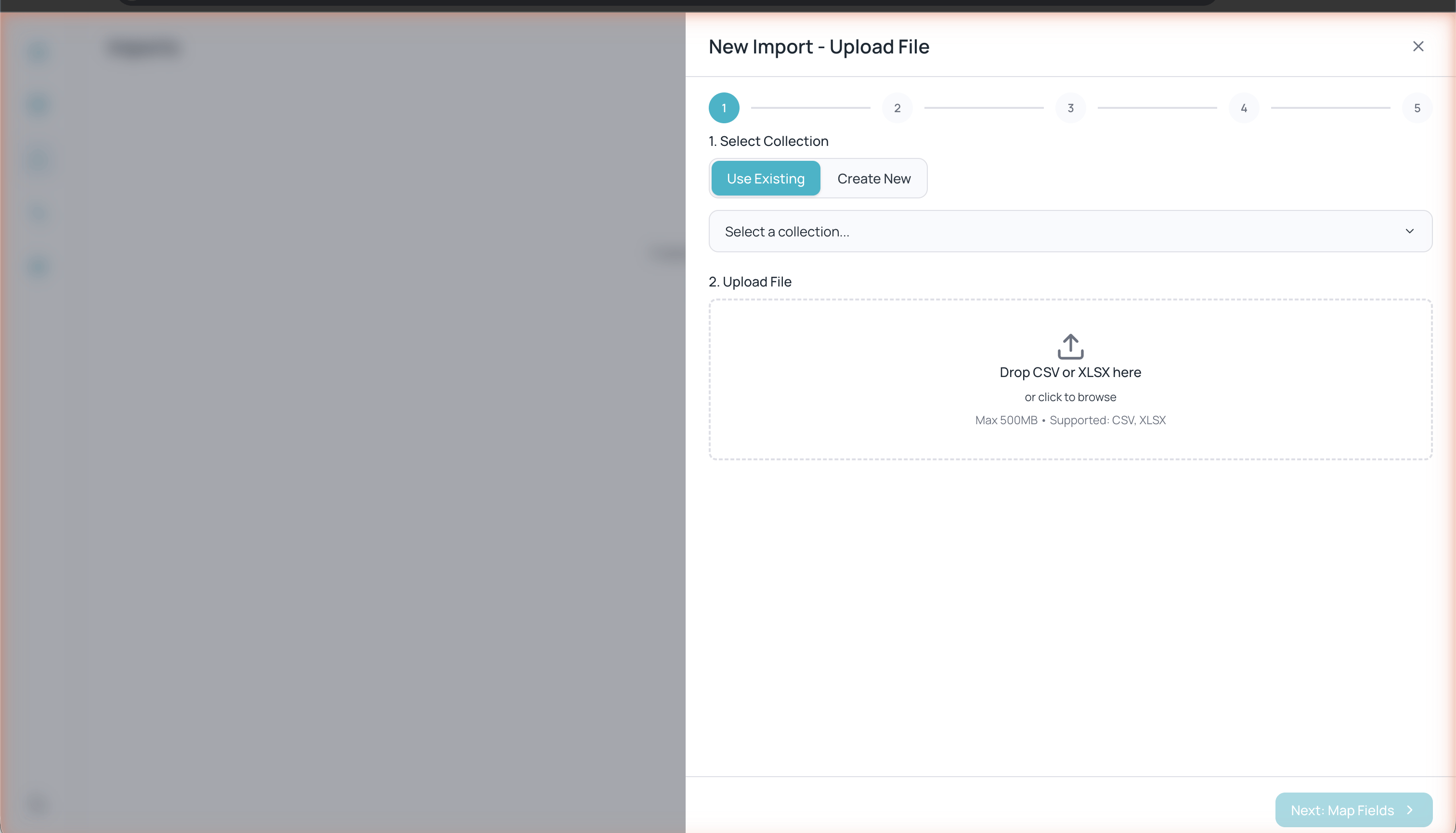 Import wizard showing step 1 with Use Existing and Create New options, collection selector, and file upload zone