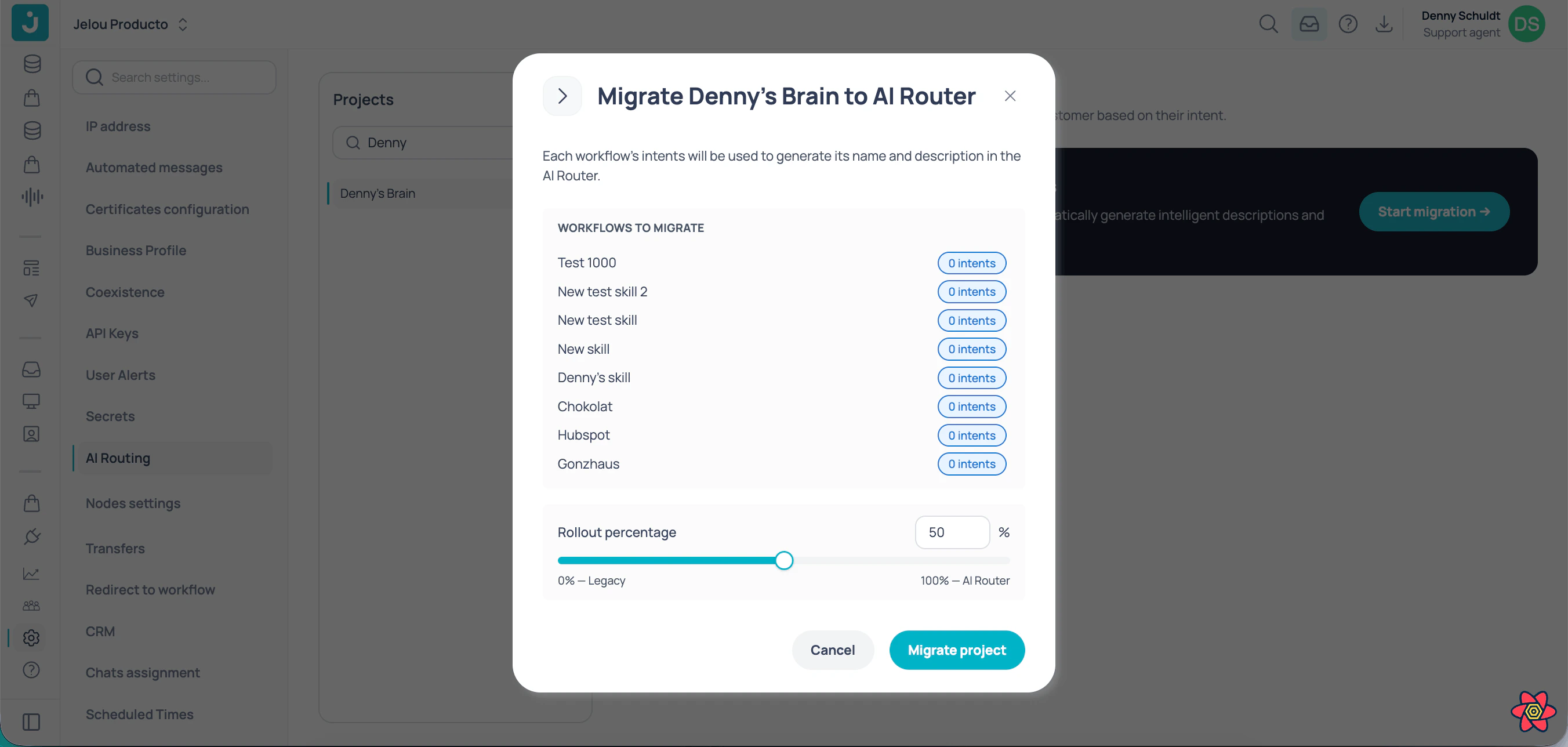 Project migration window with inferred descriptions and rollout percentage control
