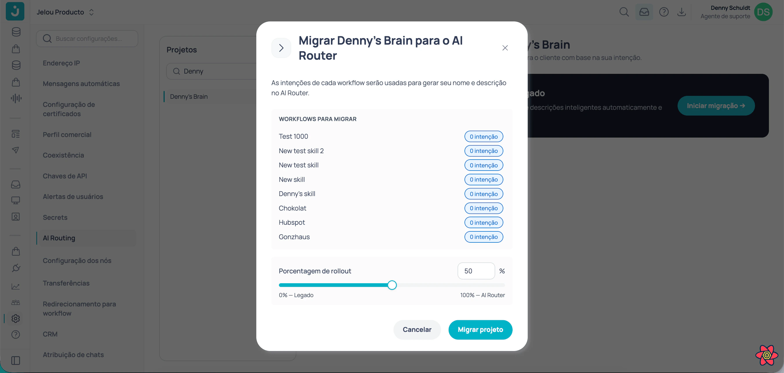 Janela de migração de projeto com descrições inferidas e controle de porcentagem de implantação