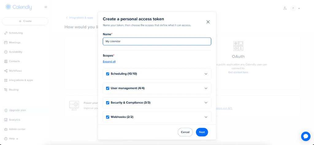 Calendly Create a personal access token modal with Name field and scope selection