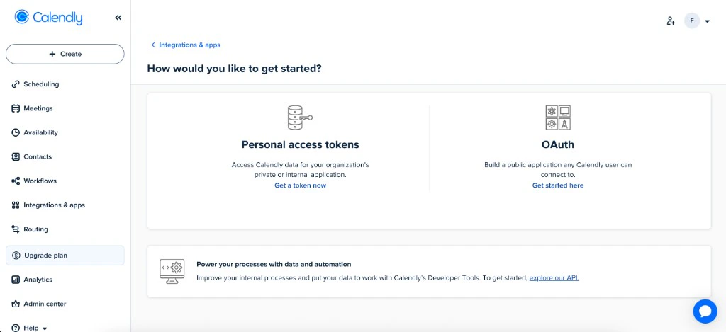 Calendly Integrations & apps screen with Personal access tokens and OAuth options