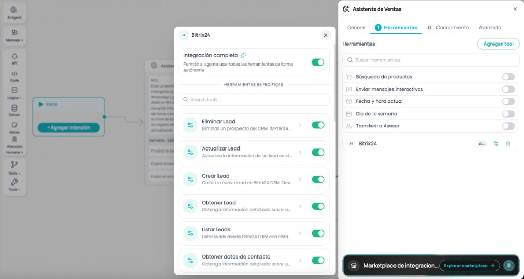 AI Agent node panel in Brain Studio: Tools tab with an added Marketplace integration and list of tools available to enable