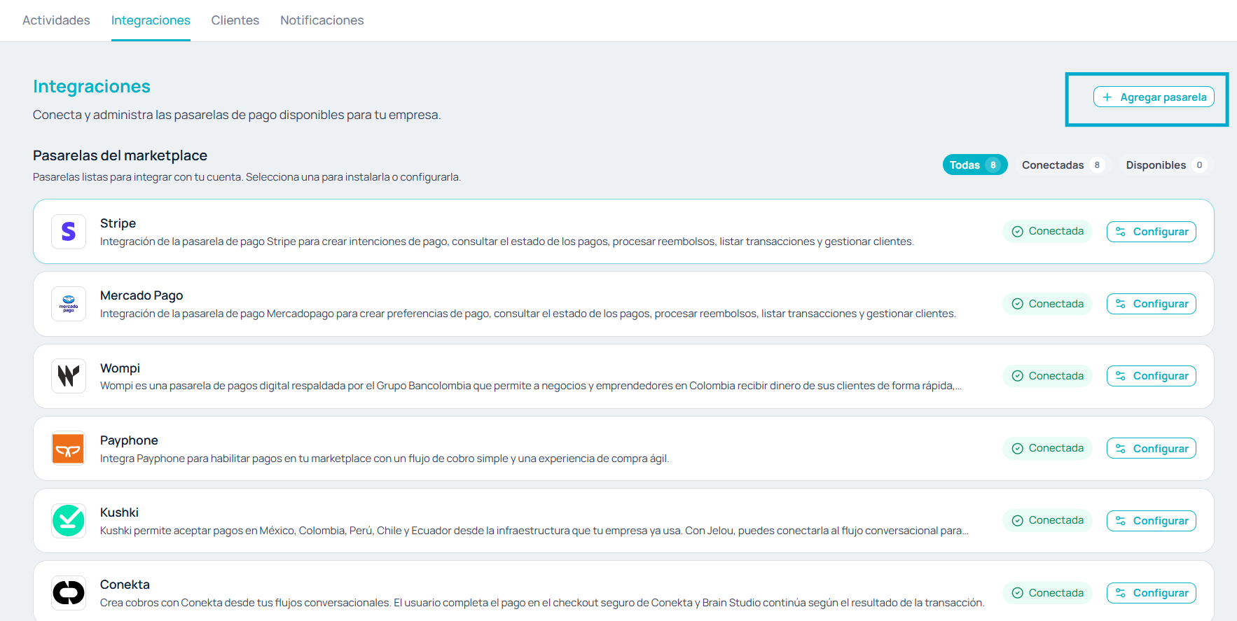 Tela de Integrações em Pagamentos, com o botão Adicionar gateway destacado no canto superior direito