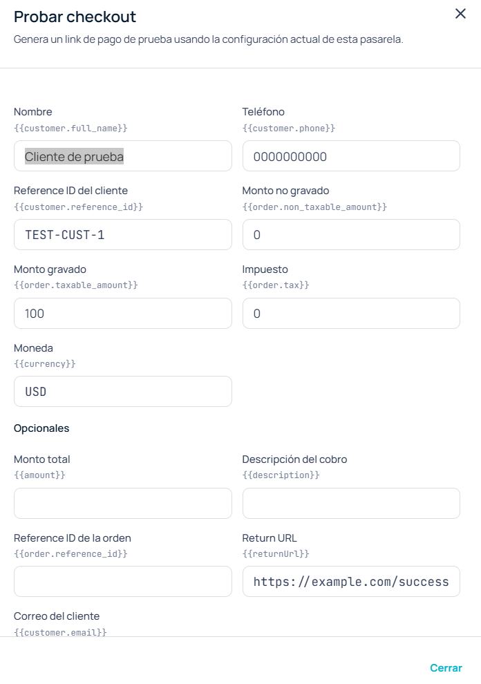 Panel Probar checkout de una pasarela personalizada, con los campos de nombre, teléfono, monto y moneda de prueba