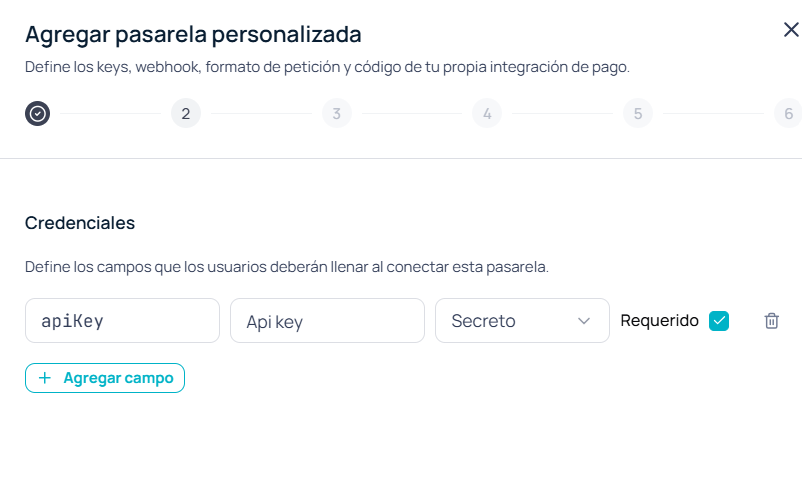 Paso Credenciales del wizard de pasarela personalizada, con una fila de credencial de tipo Secreto