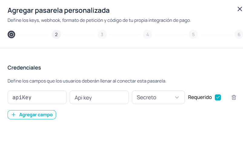 Credentials step of the custom gateway wizard, with a Secret-type credential row