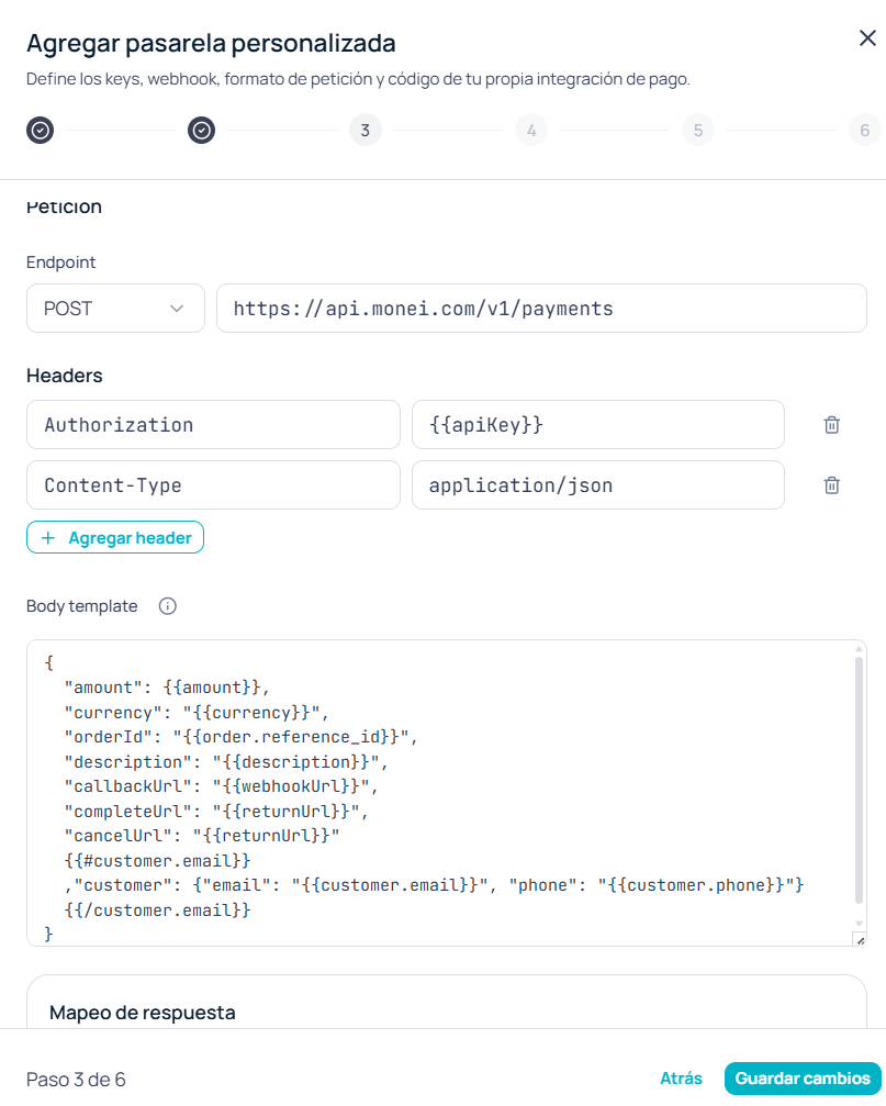 Paso Petición del wizard de pasarela personalizada, con el endpoint, los headers y el body template de ejemplo