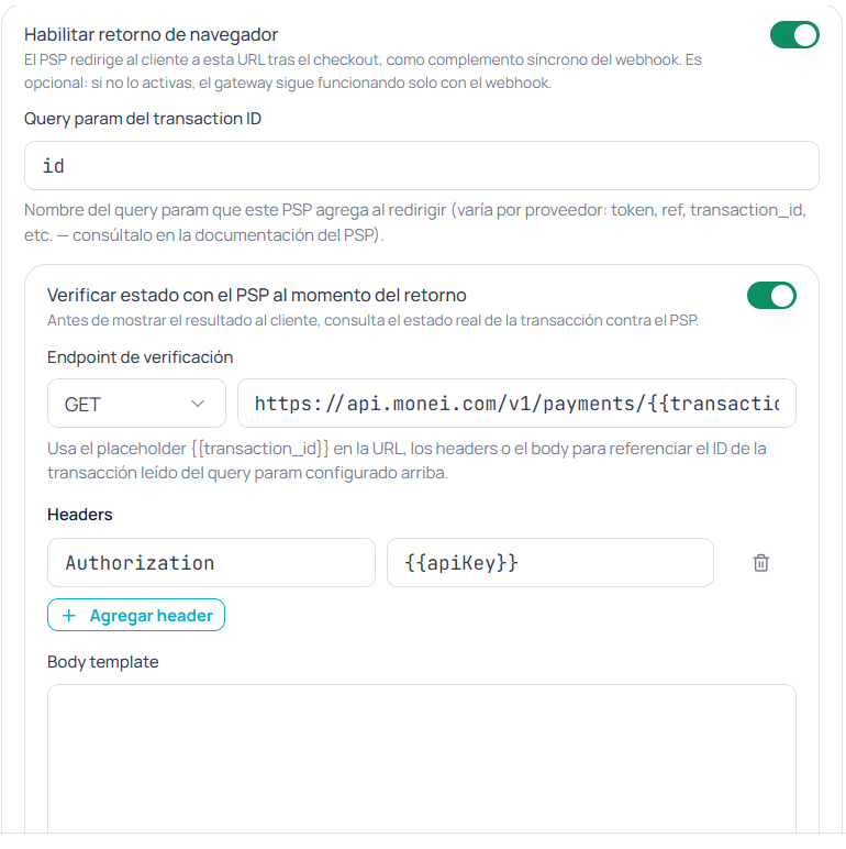 Bloque de retorno del wizard, con los interruptores de retorno de navegador y verificación de estado con el PSP activados