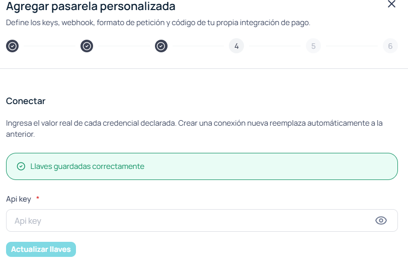 Paso Conectar del wizard de pasarela personalizada, con el campo Api key y el botón Actualizar llaves