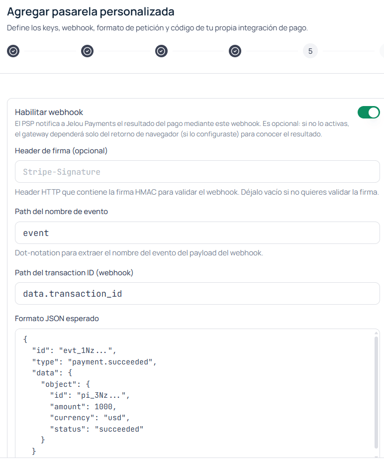Webhook step of the custom gateway wizard, with the signature header, payload paths, and expected JSON format