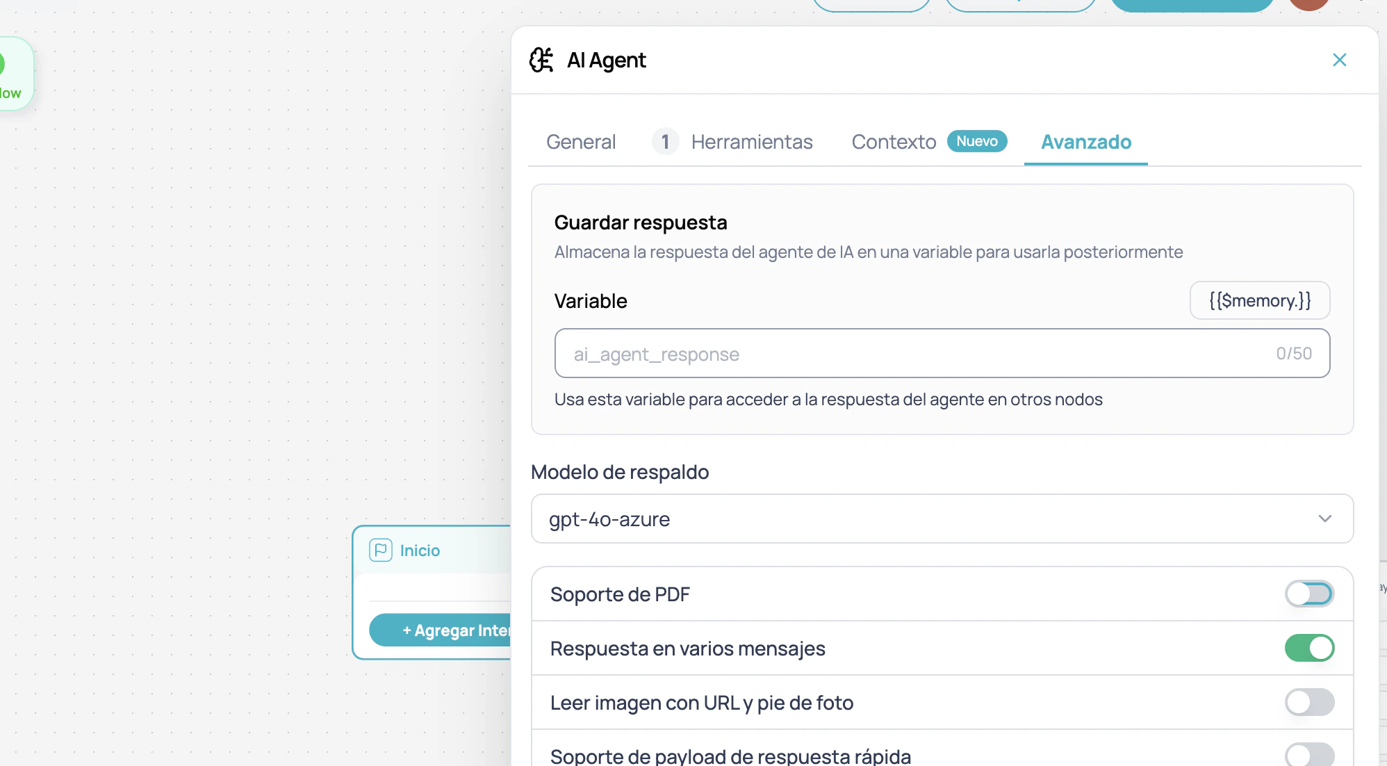 Pestaña Avanzado del nodo AI Agent mostrando el toggle Respuesta en varios mensajes activado