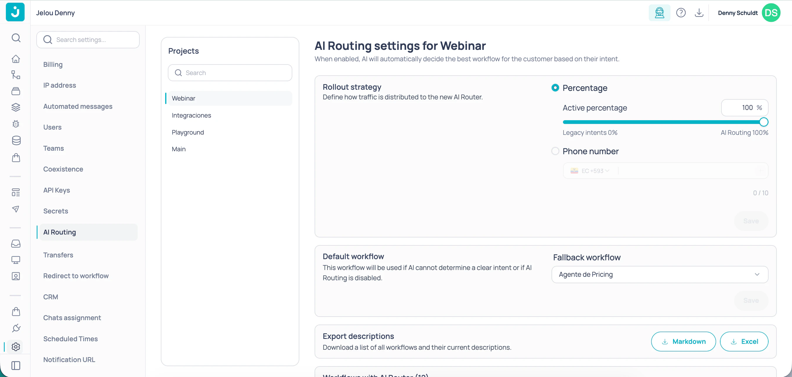 AI Routing page in Settings with project selector, rollout strategy, and configured workflows