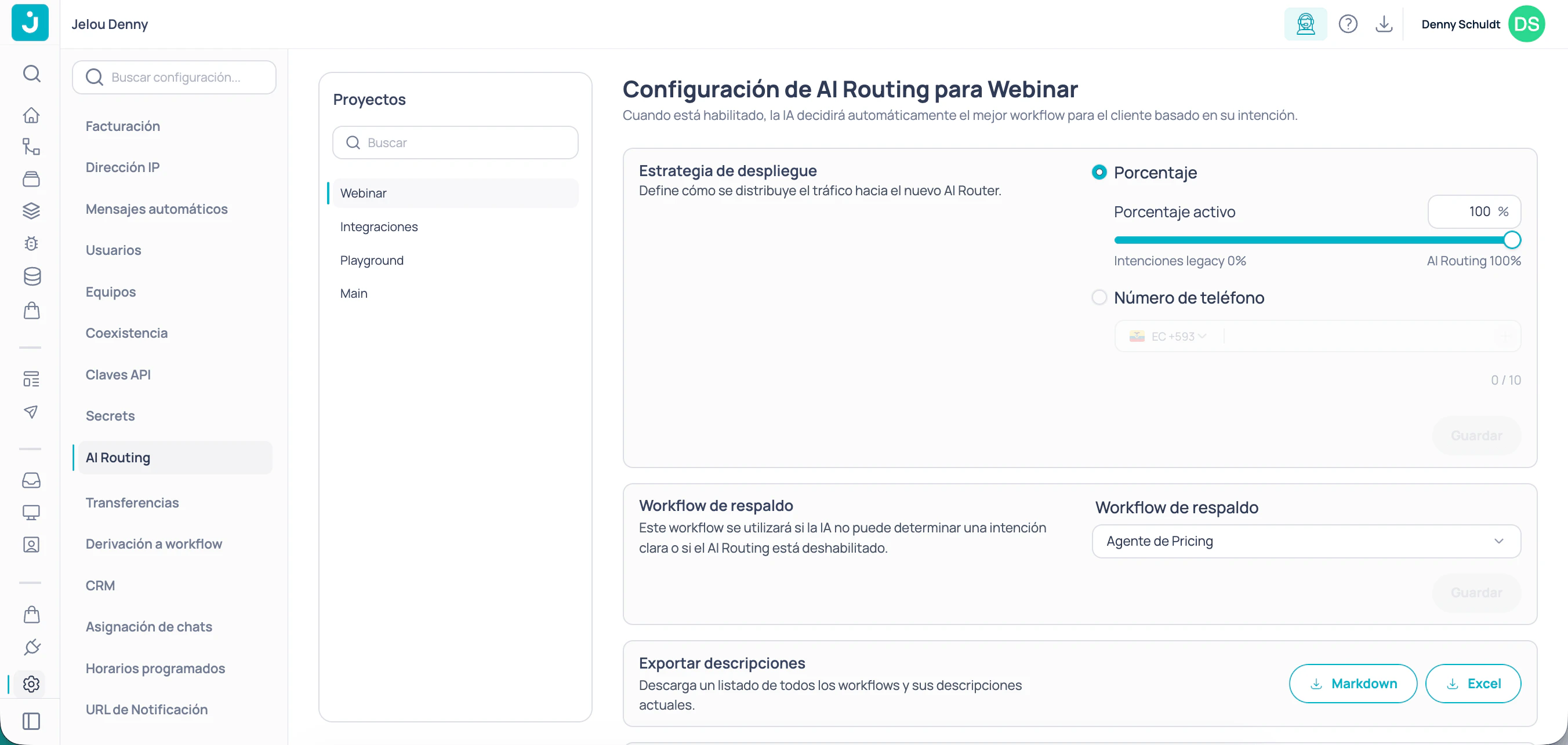 Página de AI Routing en Ajustes con selector de proyecto, estrategia de despliegue y workflows configurados