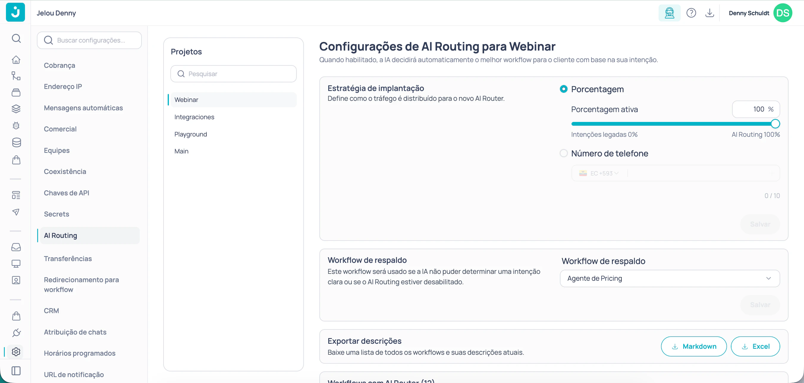 Página de AI Routing em Ajustes com seletor de projeto, estratégia de implantação e workflows configurados