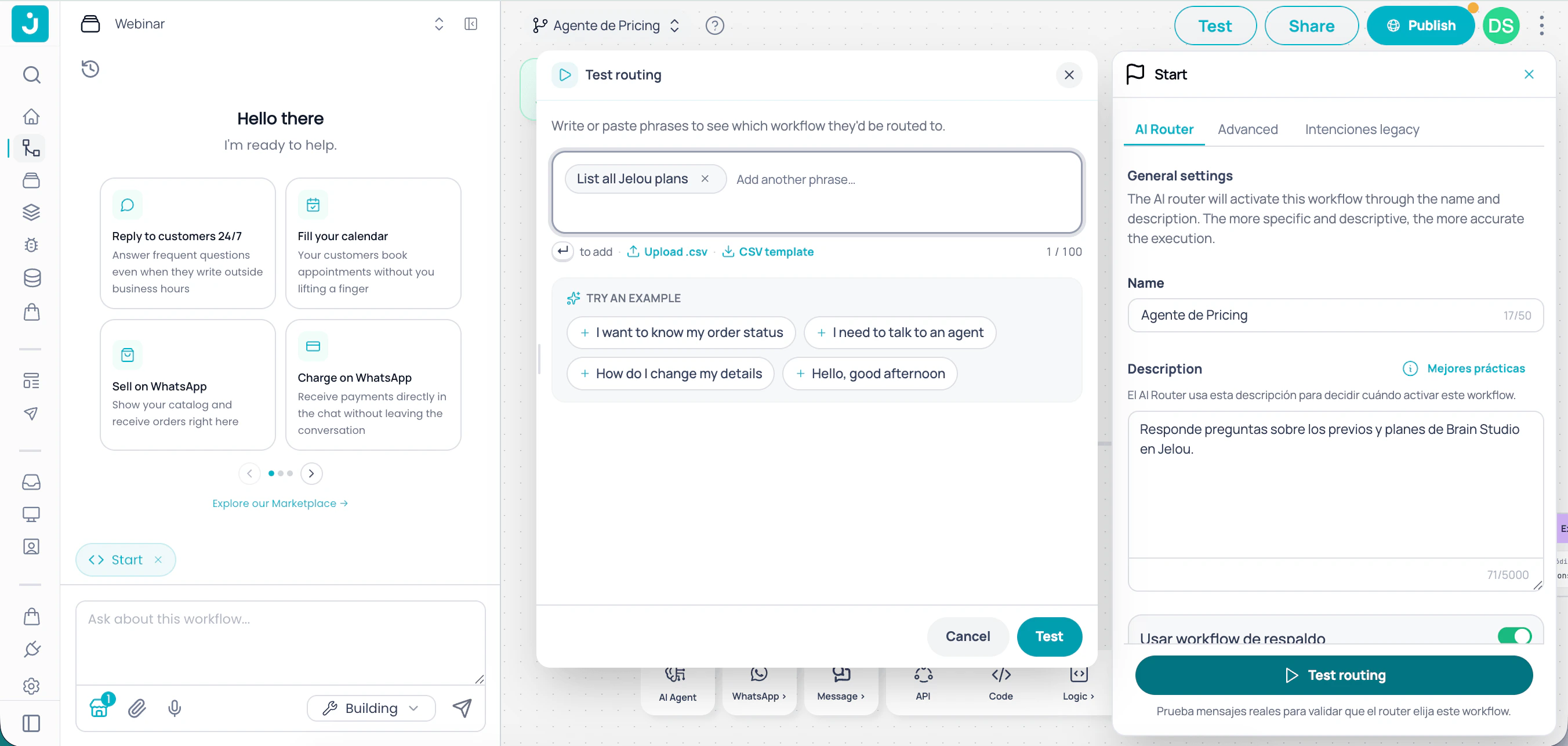 Start node configuration panel with AI Router tab and test routing modal