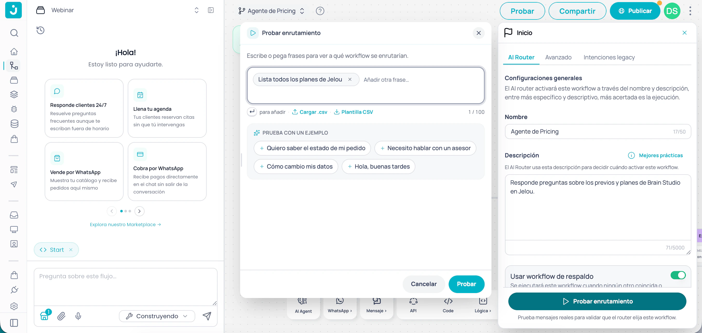 Panel de configuración del nodo Start con pestaña AI Router y modal de probar enrutamiento