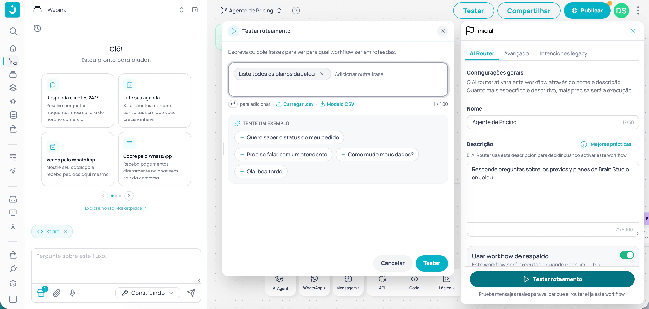 Painel de configuração do nó Start com aba AI Router e modal de testar roteamento