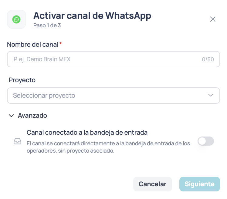 Ventana Activar canal de WhatsApp