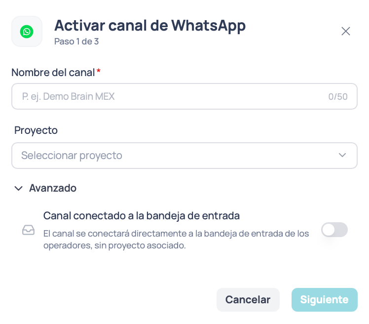 Ventana Activar canal de WhatsApp